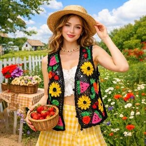 Vintage Carole Little Sport Fruit Crochet Vest Sunflower Strawberry Cottagecore